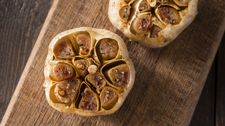 roasted garlic on cutting board