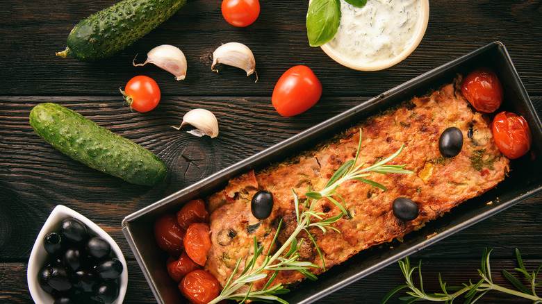 Greek inspired meatloaf in pan