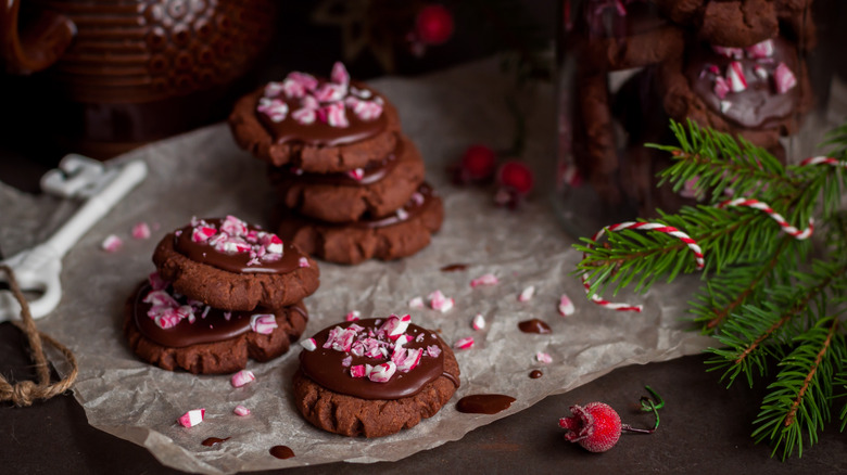 chocolate cookies with crushed candy cane topping