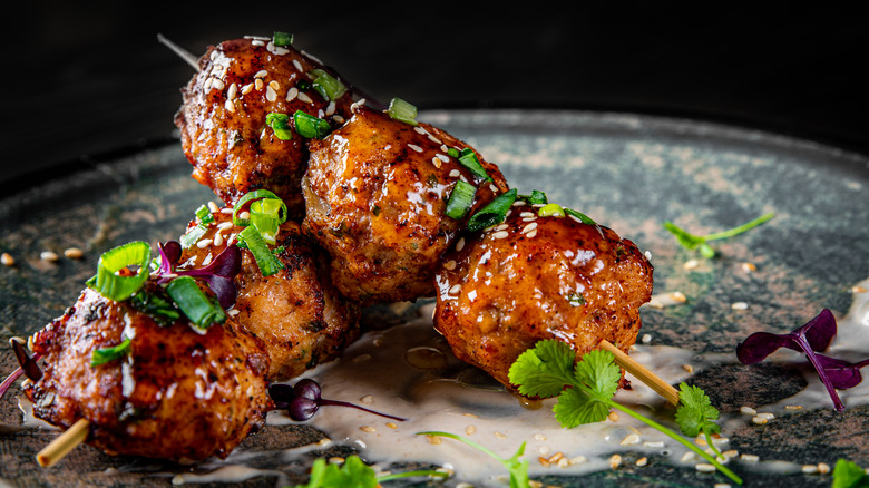 Glazed meatballs on a skewer