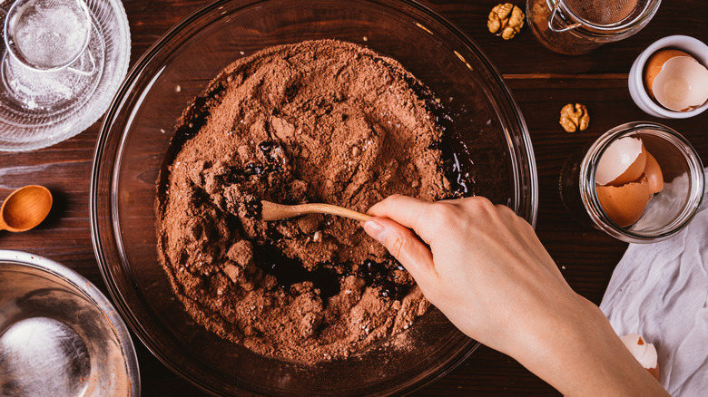 mixing chocolate cake batter