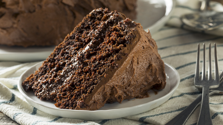 slice of chocolate cake served on plate