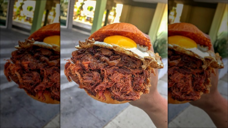 Person holding pulled pork and fried egg sandwich