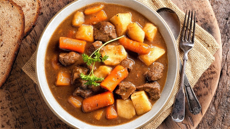 Beef stew in white bowl 