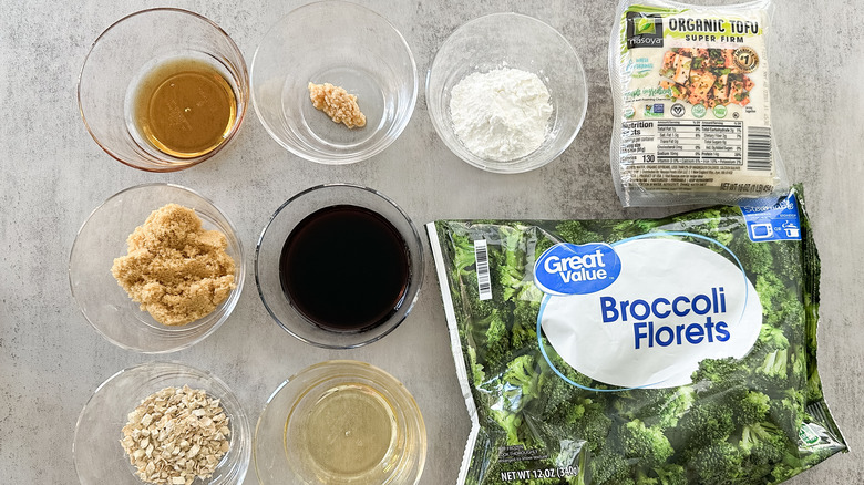 ingredients for teriyaki tofu and charred broccoli