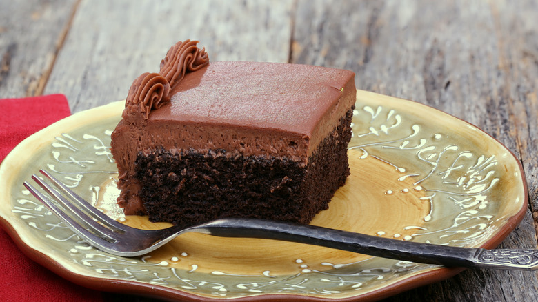 Slice of chocolate cake on a plate