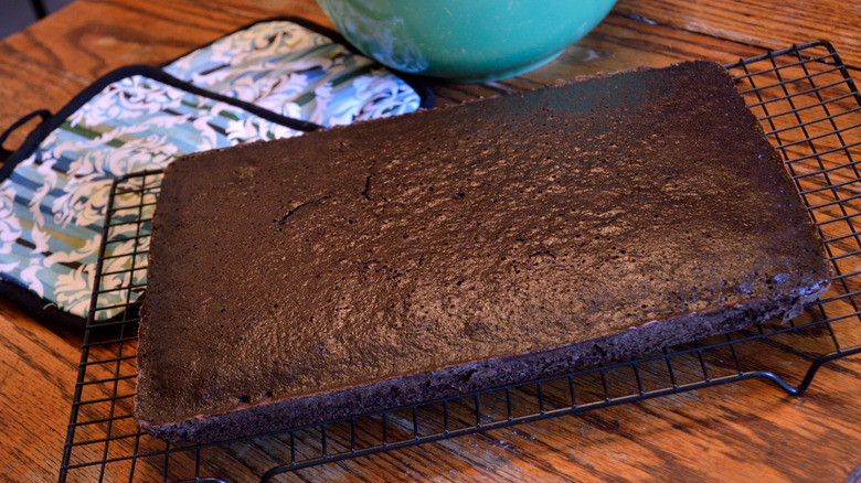 Chocolate cake on a cooling rack