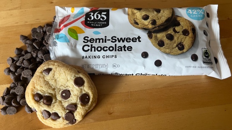 365 chocolate chips on wooden counter