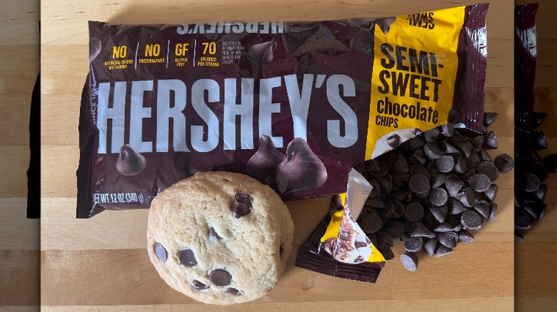 Hershey's chocolate chips on wood