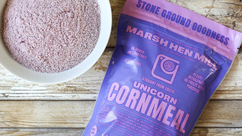 bag and bowl of Marsh Hen Mill unicorn cornmeal on table