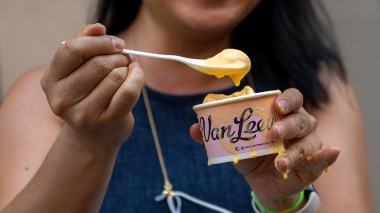 close up of woman eating Van Leeuwen ice cream