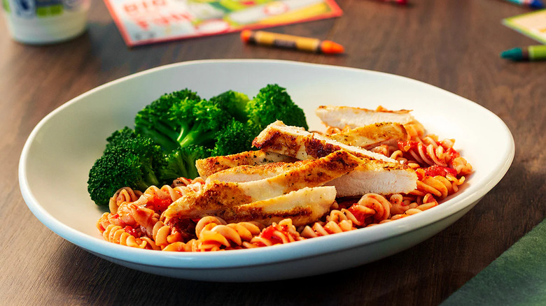 grilled chicken, pasta, and broccoli
