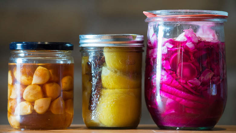 Jars of fermeneted pickles