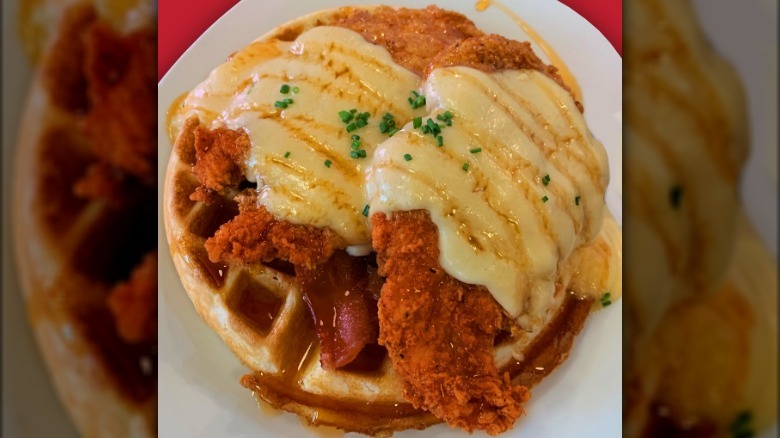 Chicken and waffles on plate