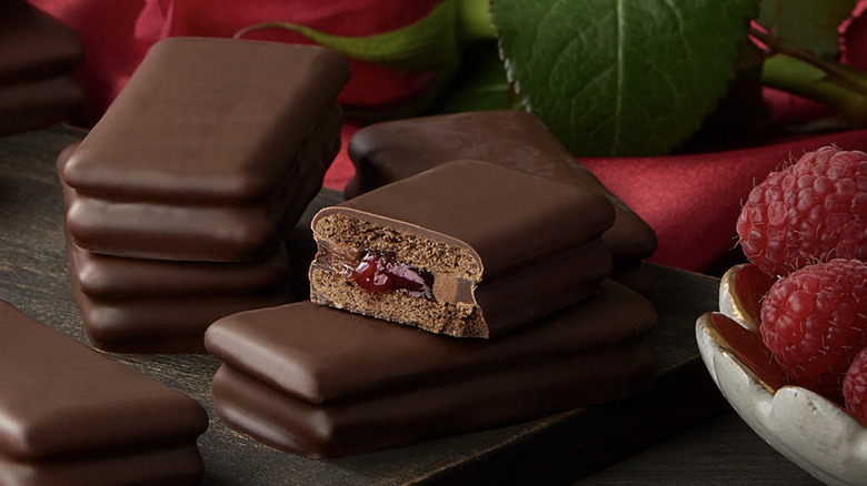 Dark Choc Raspberry Tart cookies on table