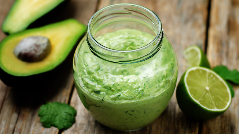 Avocado lime cilantro dressing in jar