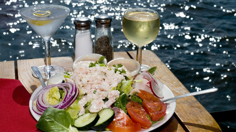 Crab Louis salad near water