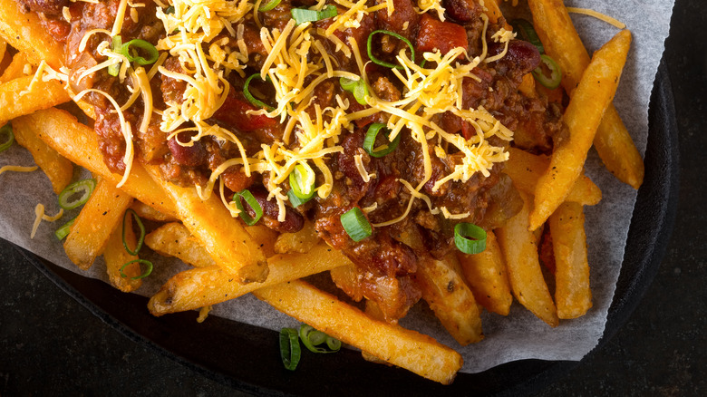 Chili cheese fries close up