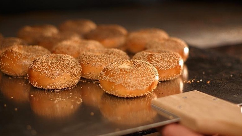Sesame bagels in oven