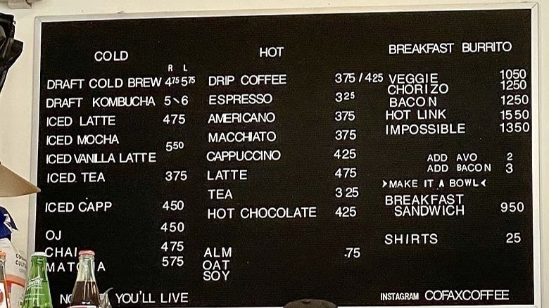 Cofax Coffee menu