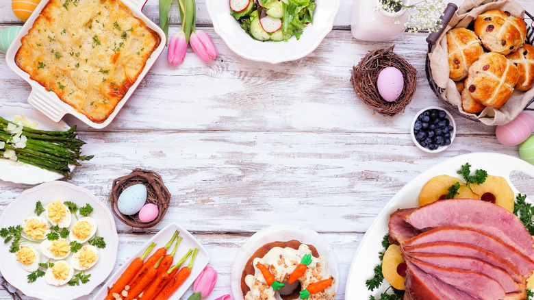 Easter meal on wooden table