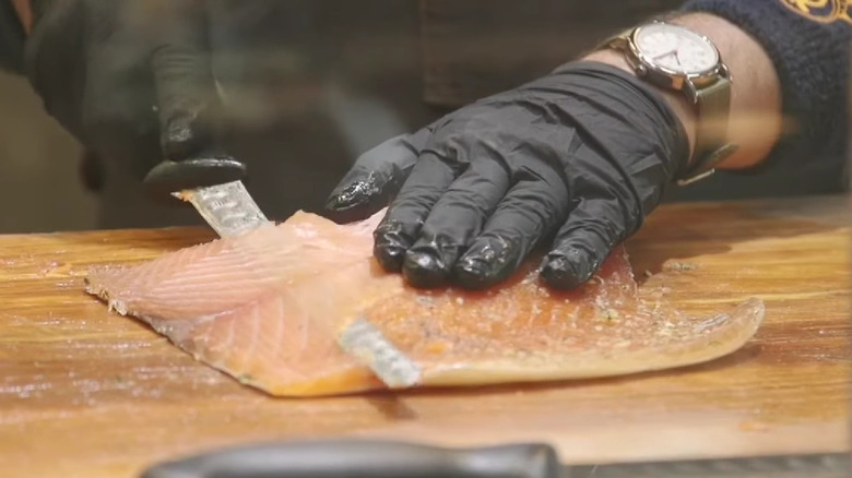 Slicing salmon at Rosenberg's