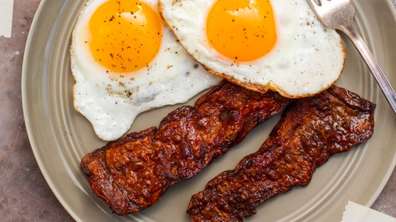 Vegan mushroom bacon and eggs