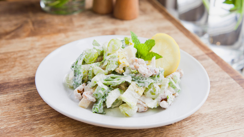 Waldorf salad on wooden table