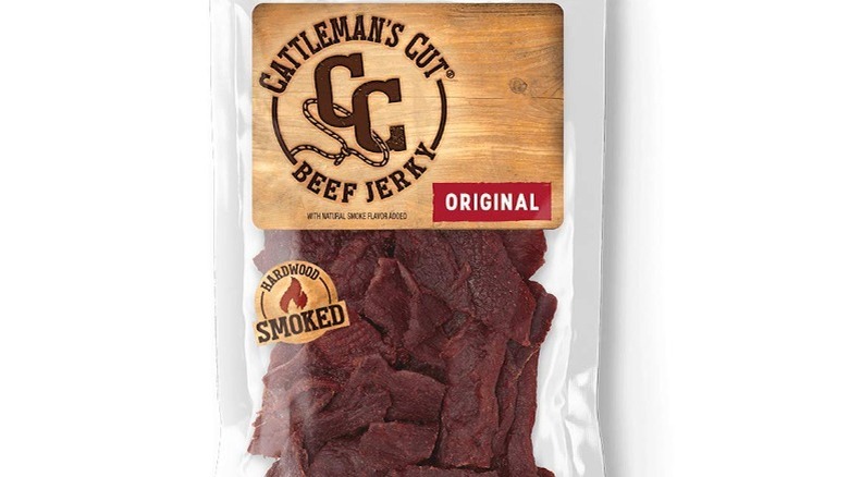 A bag of Cattleman's Cut beef jerky against a white background