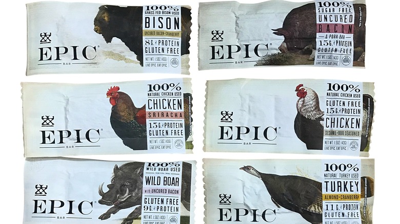 Six Epic jerky bars against a white background