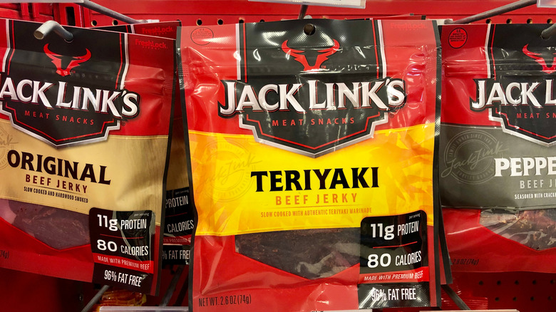 Bags of Jack Link's beef jerky at a convenience store
