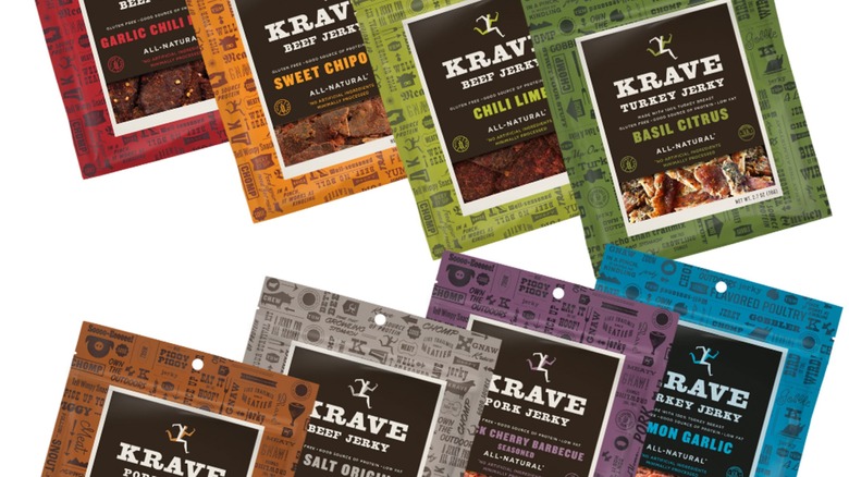 8 bags of Krave beef jerky against a white background