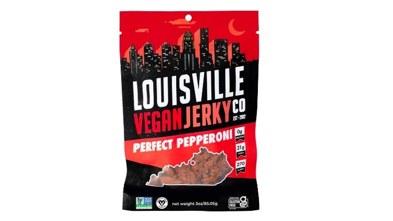 A bag of Louisville Vegan Jerky against a white background