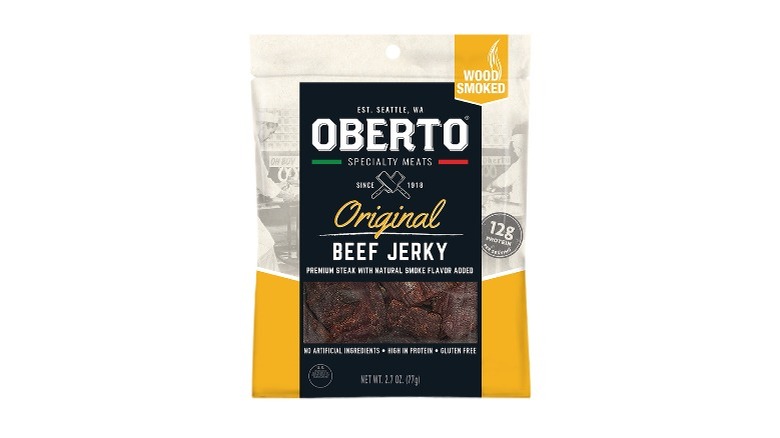 A bag of Oberto beef jerky against a white background