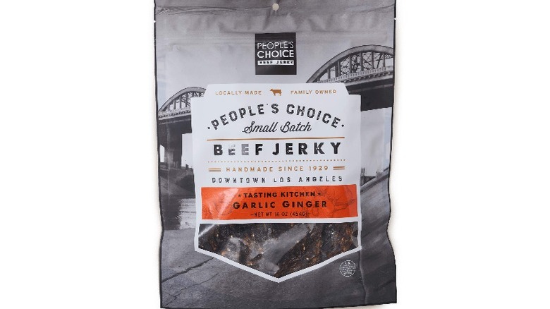 A bag of People's Choice beef jerky against a white background