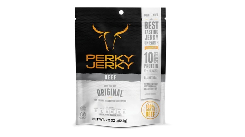 A bag of Perky Jerky beef jerky against a white background