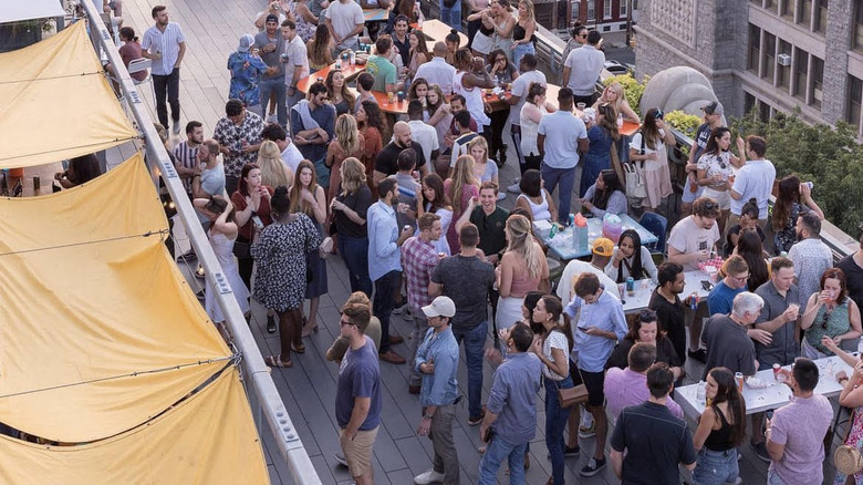 Crowd at rooftop bar