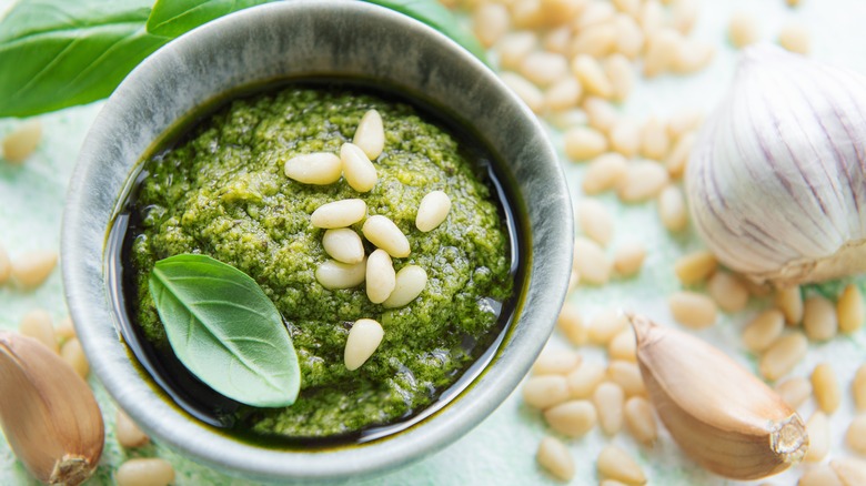 Pesto pine nuts and garlic