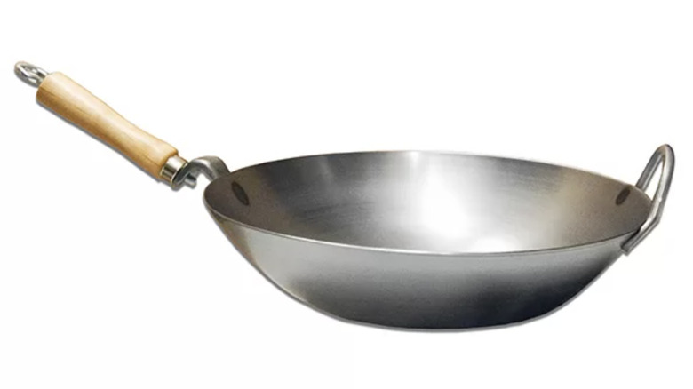 steel wok with wooden handle