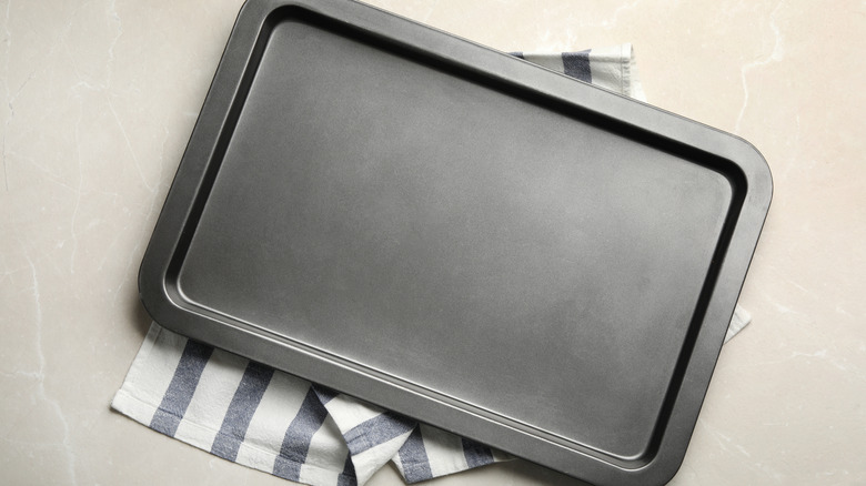 Sheet pan sitting on a towel