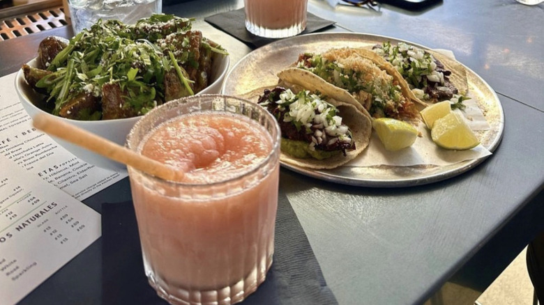 El Techo tacos, pink margarita, and salad