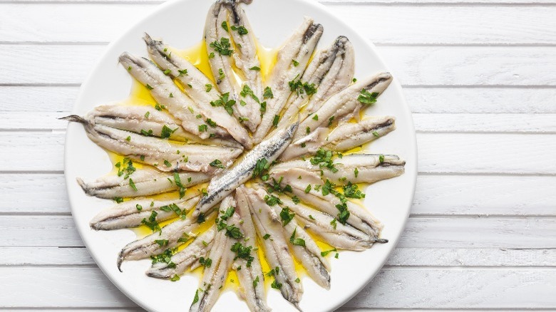 Marinated anchovies on a plate