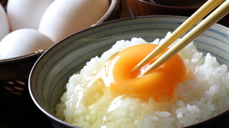 Close-up of tamago kake gohan