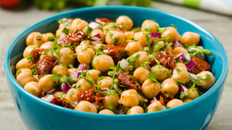 chickpea salad in blue bowl 