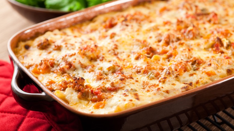 Pasta bake topped with cheese