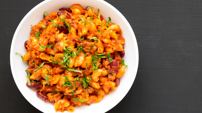 A bowl of mac and cheese chili