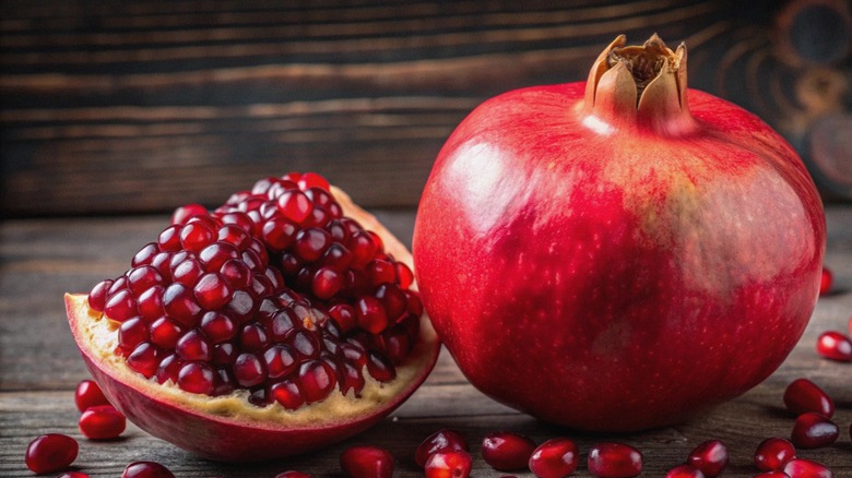 Whole pomegranate with seeds.