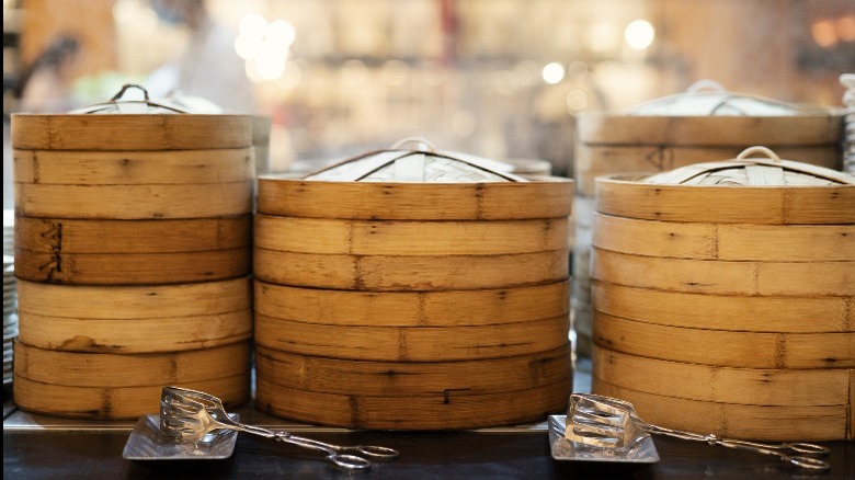 Bamboo steamers on a table