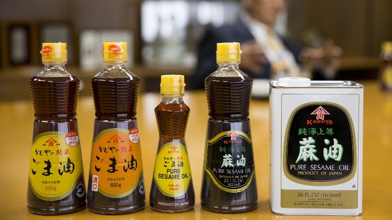 Sesame oil bottles on counter