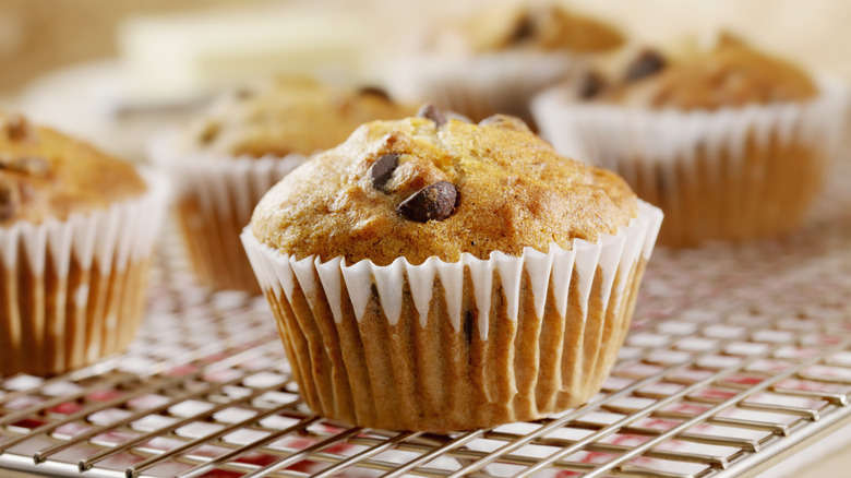 Close up of homemade muffins on a cooling rack